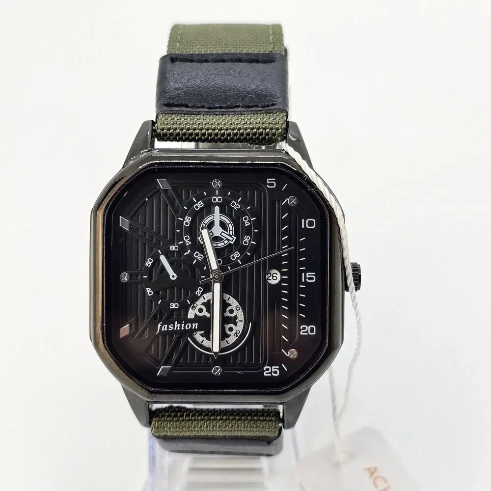 Men's Watch 42MM Case‎ Black Dial Date Indicator Army Green Black Canvas Bands